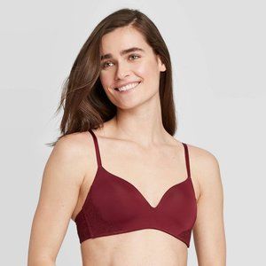 Women's Bliss Lightly Lined Wirefree Bra with Lace Auden Berry Red Size 34DD